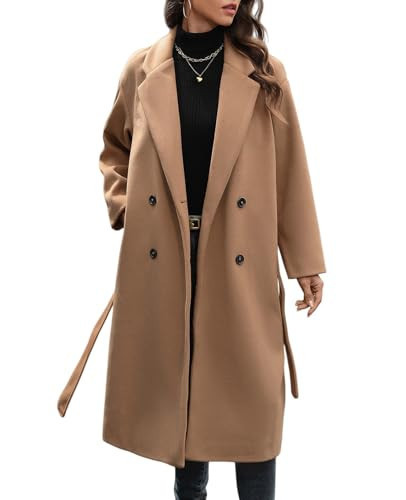 WOWULOVELY Women's Winter Double Breasted Wool Coat Long Sleeve Notched Collar Trench Long Oversized Button Down Overcoats(Camel-M) | Amazon (US)