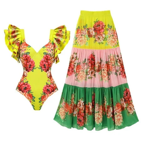 Flaxmaker Ruffled Colorful Flower Print One Piece Swimsuit and Skirt Bathing Suit Swimwear Set | Walmart (US)