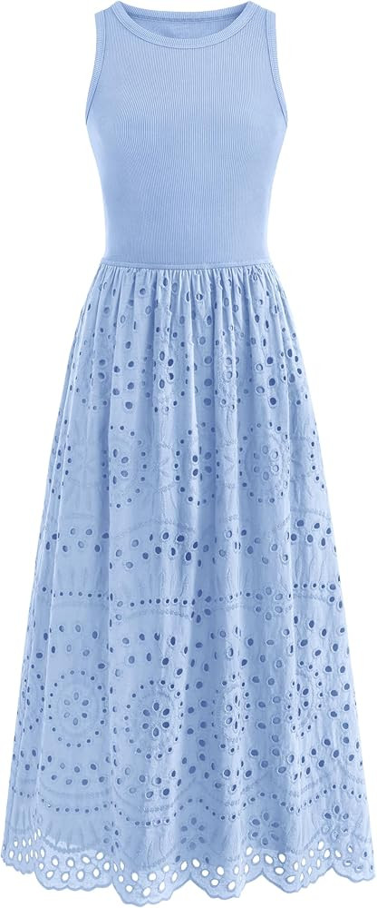 dowerme Women Summer Dresses 2026 Casual Sleeveless Crewneck A-Line Boho Lace Eyelet Cotton Tank ... | Amazon (US)