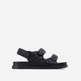 Hyped Wide Fit Quilted Double Strap Flat Dad Sandal In Black Faux Leather | Ego Shoes (UK)