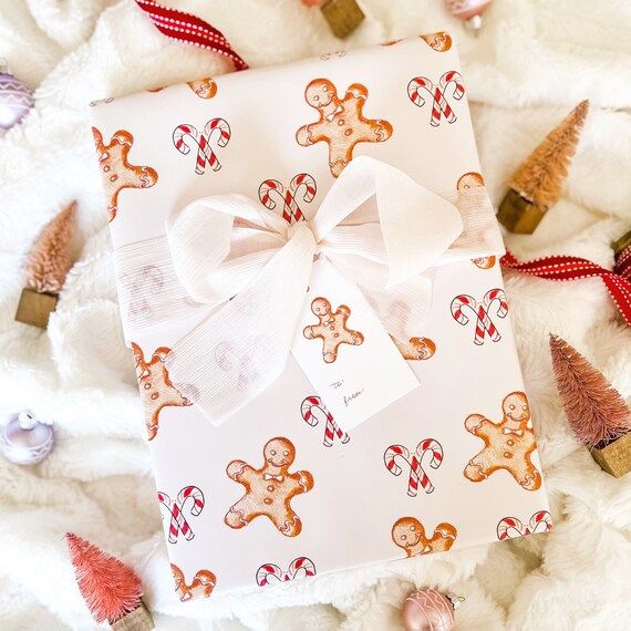 Gingerbread Cookie and Candy Cane Gift Wrap Sheets Pink - Etsy | Etsy (US)