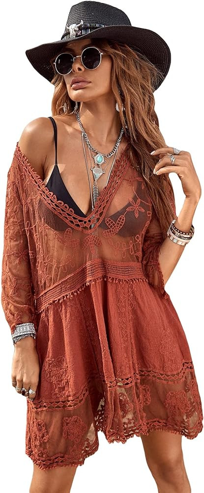 MakeMeChic Women's Short Sleeve Plunging Beach Cover Up Dress Swimsuit Cover Up | Amazon (US)