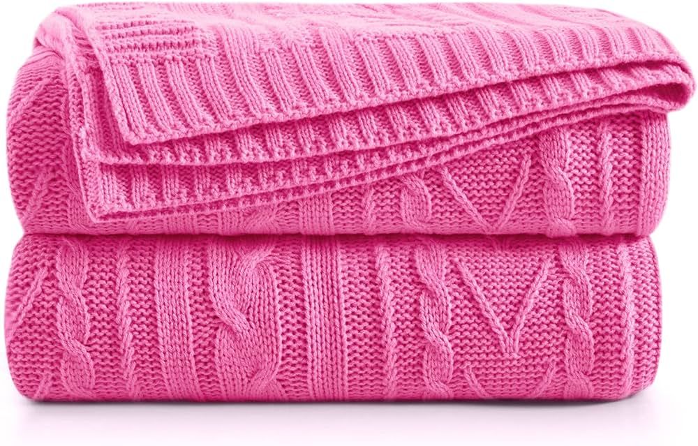 Hot Pink Cable Knit Throw Blankets for Couch Bed Sofa, Acrylic Knitted Blanket, Soft Cozy Throw B... | Amazon (US)