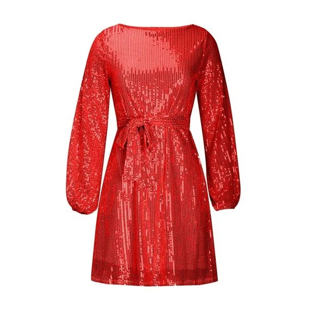 2022 Women's Fashion Crewneck Sequin Long Sleeve Solid Color Mini Dress High-waist Party Dress Fo... | Walmart (US)