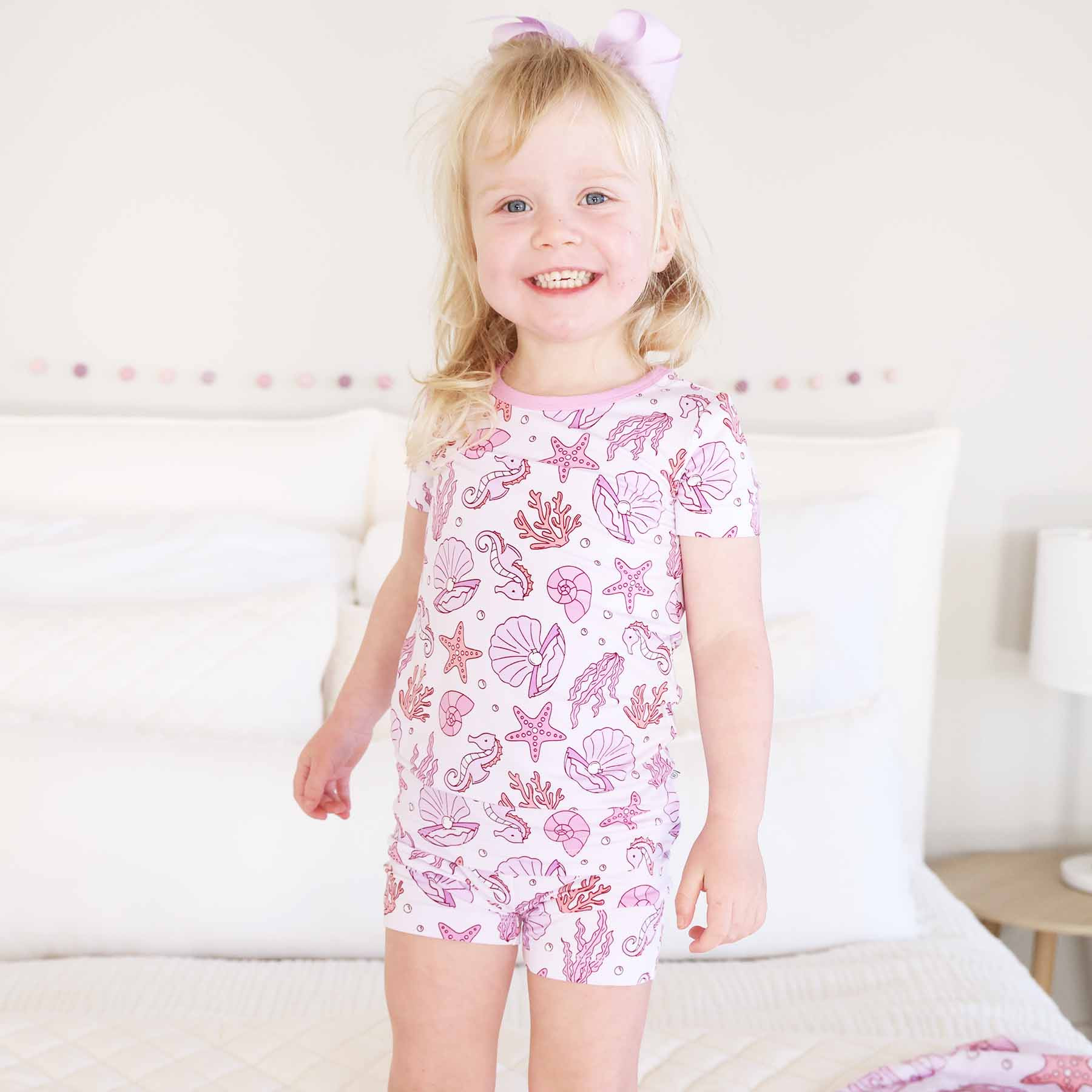 Two Piece Short Pajama Set | Tiny Tides Pink | Caden Lane