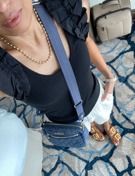 Vacation outfits. Vacation outfit. Cruise vacation. Cruise outfit. Top has cute ruffle strap details. True to size. 
Slide sandals true ti size. Code HINTOFGLAM to save on necklace and bracelet. Denim handbag. Denim bag  

#LTKitbag #LTKover40 #LTKfindsunder50