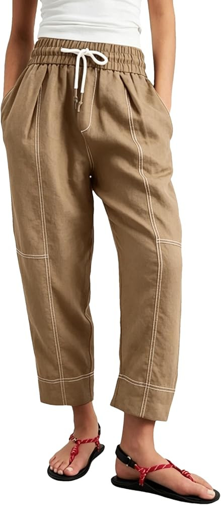 Shiyifa Womens Linen Barrel Pants Elastic Waist Drawstring Trousers Harem Pant with Pockets | Amazon (US)