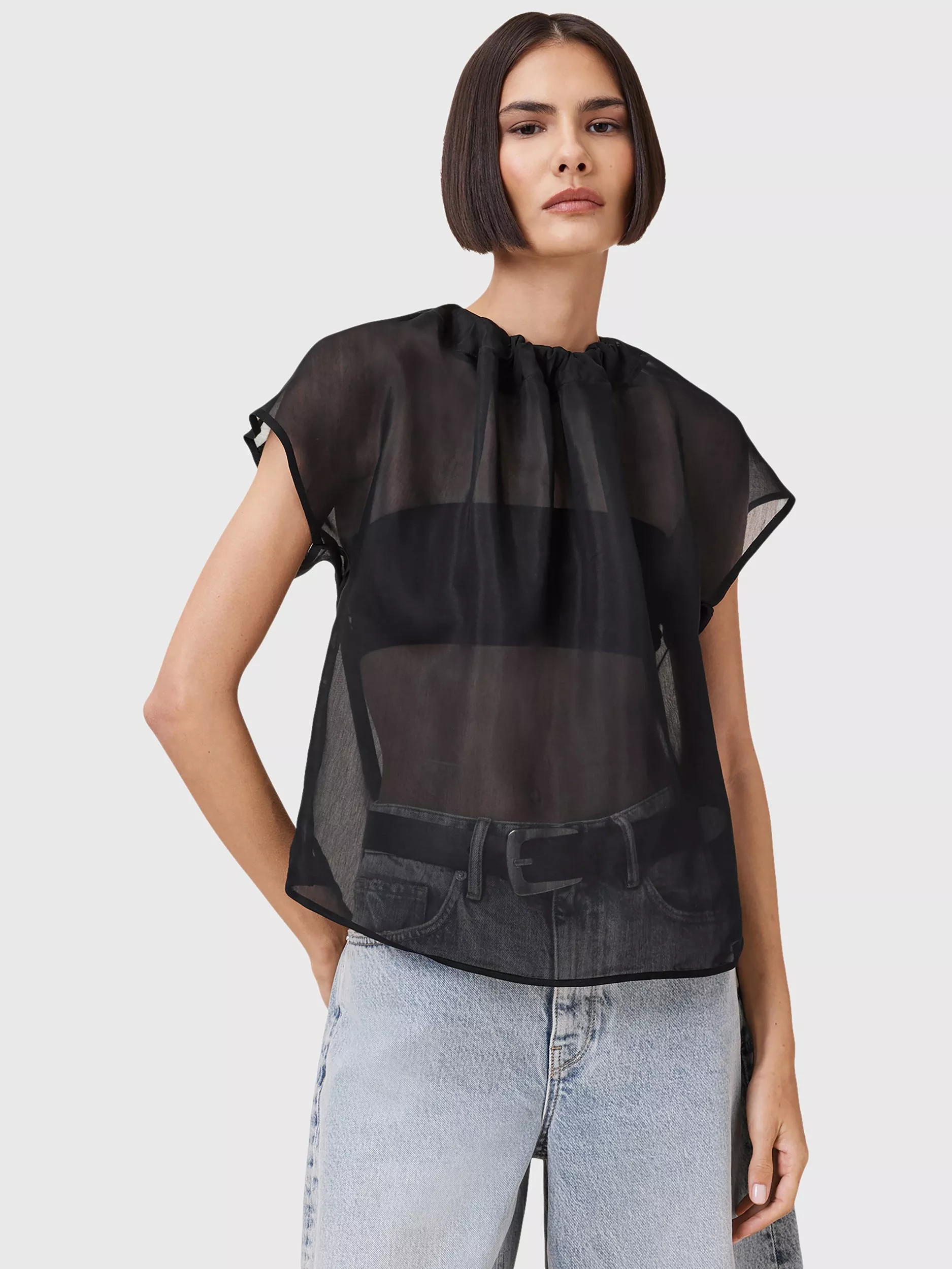 AllSaintsTrisha Silk Blend Sheer Top, Black | John Lewis (UK)