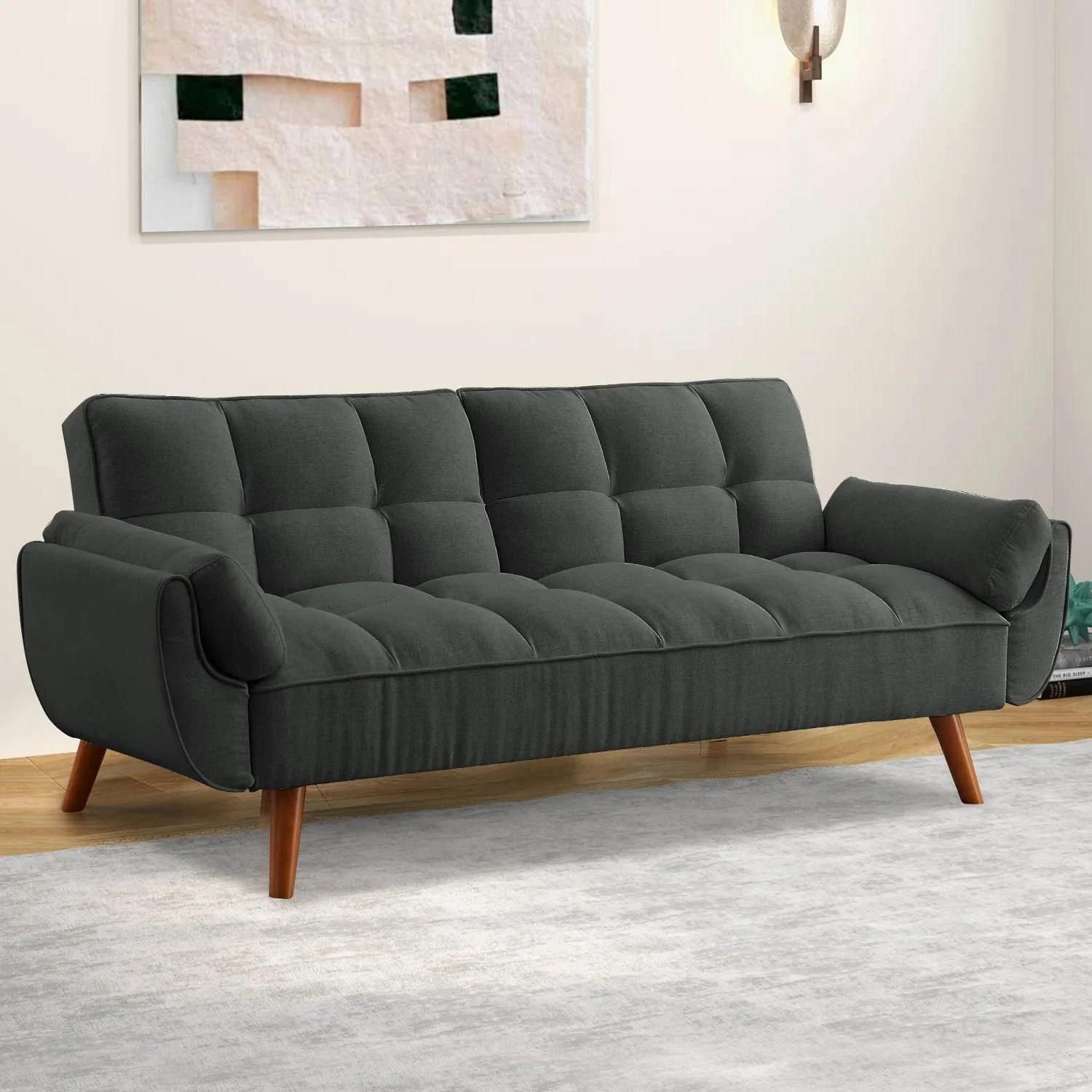 Mid-Century Modern Sofa Bed in Dark Grey Linen Polyester Tufted Upholstery | Shop Simon