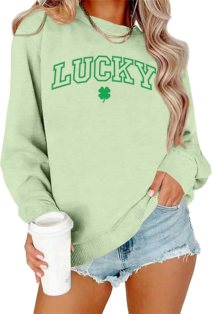 St Patrick Day Sweatshirt Women Clover Lucky Sweatshirts Irish Shamrock Print Pullover Casual Lon... | Amazon (US)