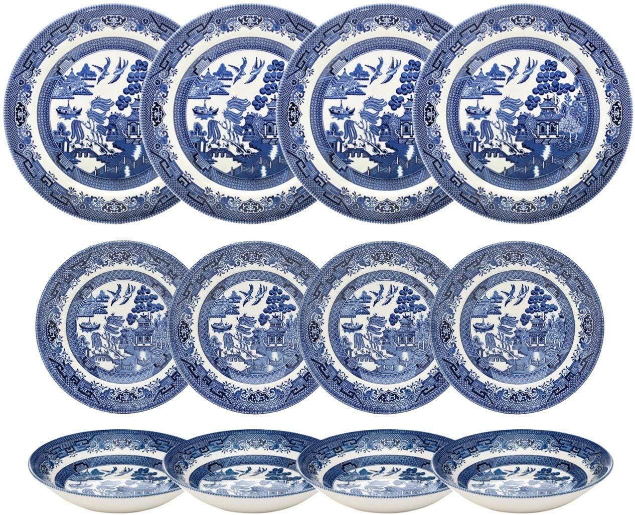 Churchill Blue Willow Dinner Plates, Salad Plates and Coupe Bowls 12 Piece Dinnerware Set, Made I... | Amazon (US)