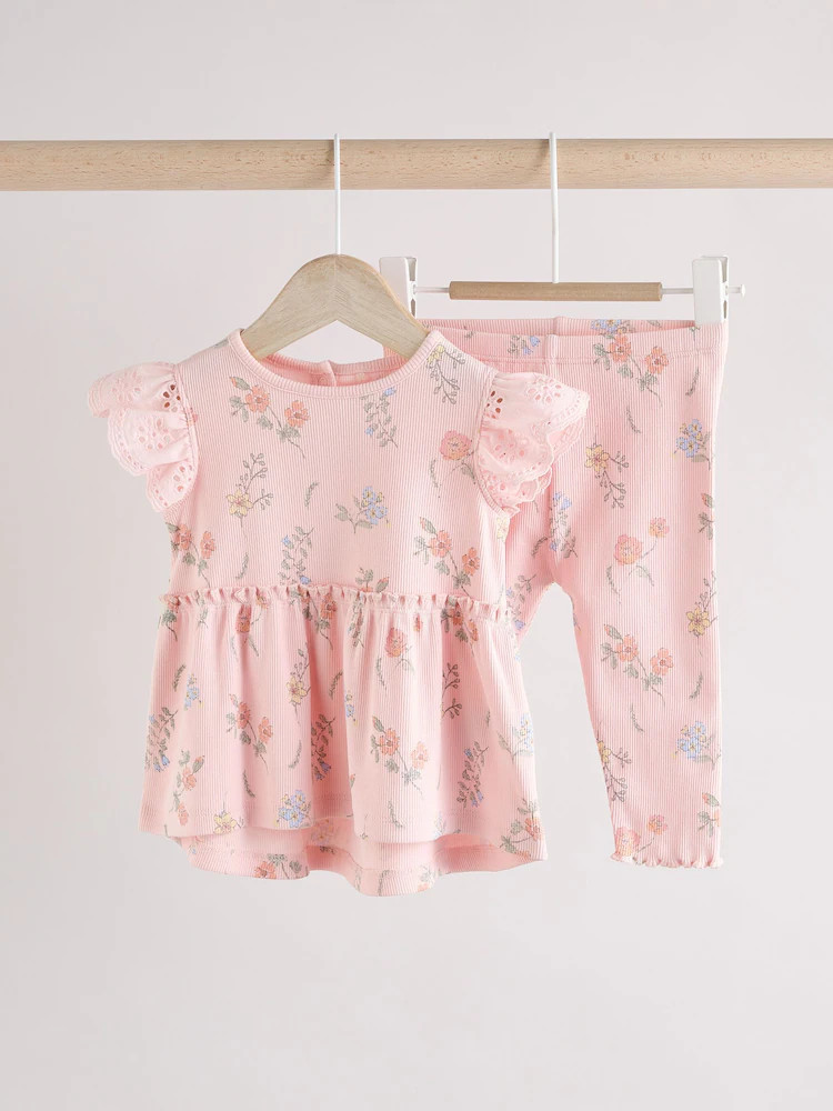 Buy Pink Floral Baby Short Sleeve Frill Top and Leggings Set 2 Piece from Next Australia | Next AU