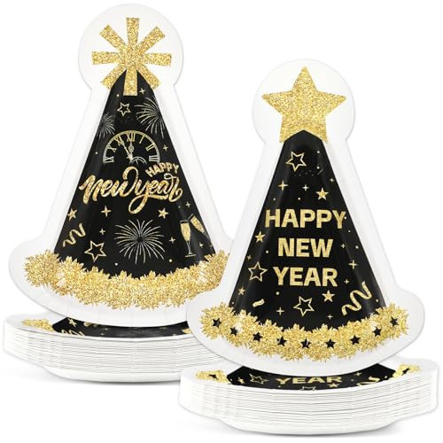 Naozinebi 50Pcs Happy New Year Eve Party Decorations Disposable Paper Plates Cone Hat Shaped Dessert Plates Tableware Set 2025 New Years Eve Cake Plate Dinnerware for New Year Eve Party Supplies | Amazon (US)