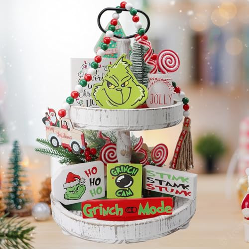 MISBEST Christmas Decorations,Grinch Christmas Tiered Tray Decor,5Pcs Green Christmas Wood Sign,Tabletop Decor,Stink Stank Stunk Wooden Centerpieces for Xmas Home Party House Decoration (Green) | Amazon (US)