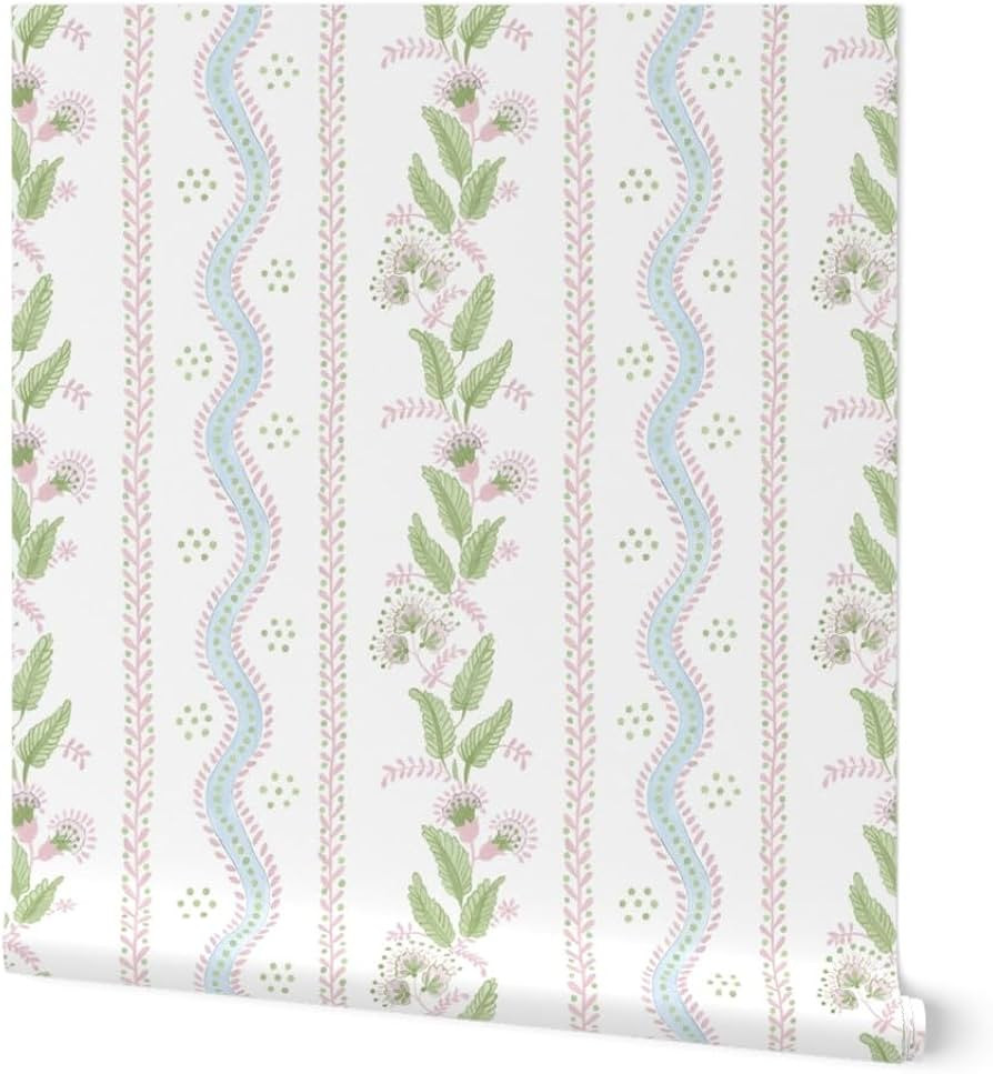 Removable Wallpaper Swatch - Grandmillennial Cottage Stripe Simple Floral Traditional Elegant Cou... | Amazon (US)