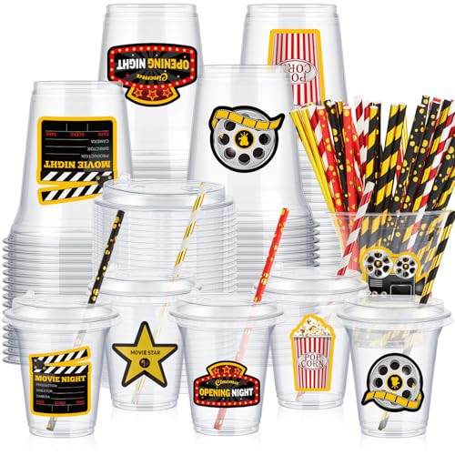 Boao 36 Sets Movie Night Party Cups with Lids and Paper Straws 14 oz Movie Night Birthday Party Supplies Favors Disposable Clear Plastic Cups Bulk | Amazon (US)