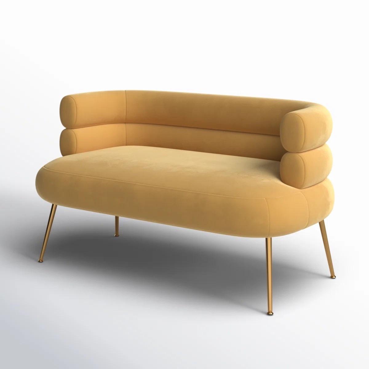 This mustard yellow 50” upholstered loveseat from Wayfair is such a fun small-space statement piece. I love the rounded stacked arms, curved back, and slim gold-tone legs for an apartment living room, reading nook, or cozy corner. #WayfairFinds #SmallSpaceLiving #Loveseat #LivingRoomDecor