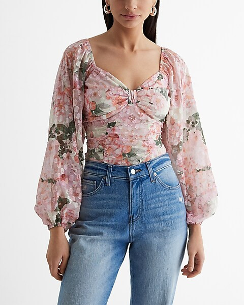 Floral Dot Sweetheart Neckline Balloon Sleeve Ruched Bodysuit | Express