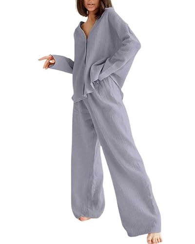 Womens Cotton Gauze Loungewear Sets Casual 2 Piece Sleepwear Button Down Shirt and Wide Leg Pants... | Amazon (US)