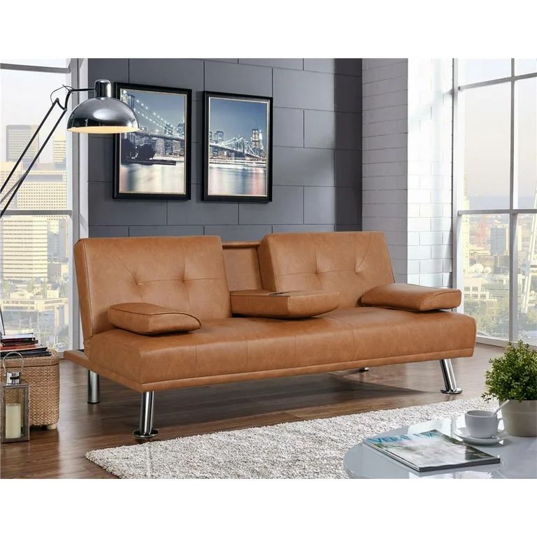 LuxuryGoods Modern Faux Leather Futon with Cupholders and Pillows, Brown - Walmart.com | Walmart (US)