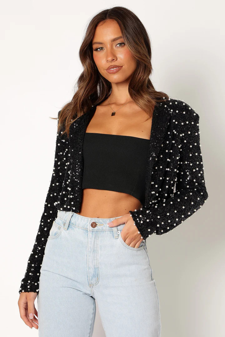 Monica All Over Pearl Crop Jacket - Black | Petal & Pup (US)