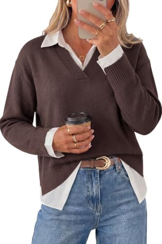 Arach&Cloz Women's Wool Blend Oversized 2 in 1 Fall Work Sweater Tops | Long Sleeve, Collared V N... | Amazon (US)