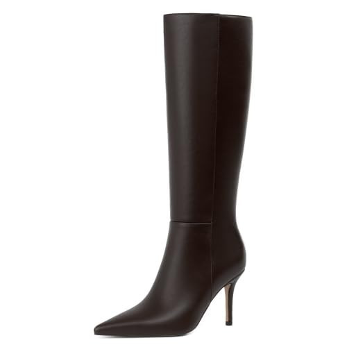 Easyfox Womens Knee High Boots High Heel Leather Tall Boots, Chocolate, 6.5 | Amazon (US)