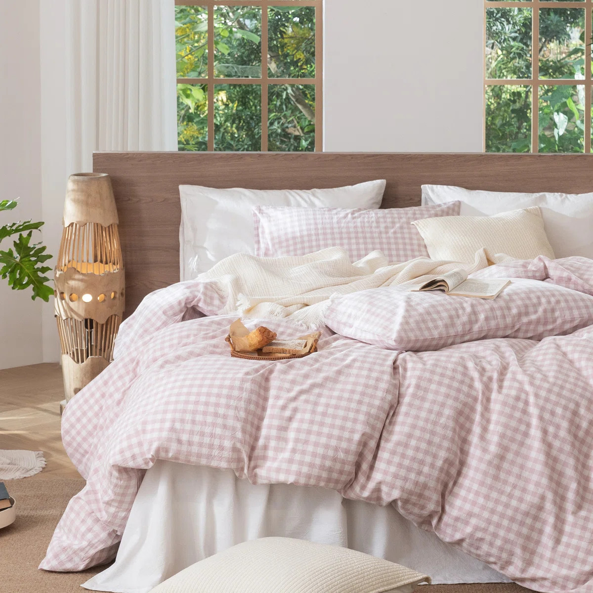 MooMee Gingham Duvet Cover Set 100% Washed Cotton Linen Like Lightweight | Wayfair North America