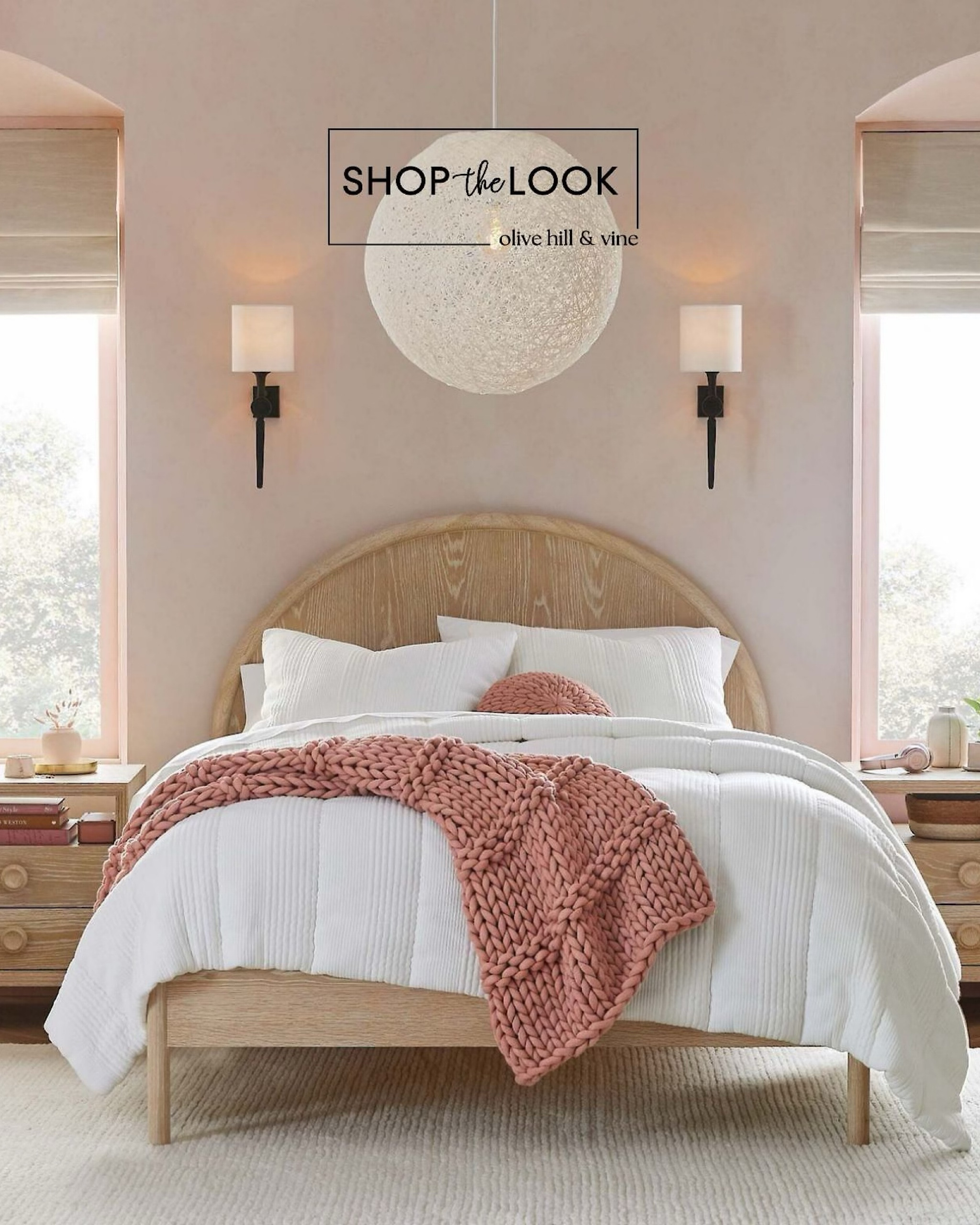 A chic retreat for any young girl, this bedroom features a bed with rounded molding, a half-moon headboard, and matching furniture with bold drawer pulls. A neutral palette pairs perfectly with rose accents, a woven globe chandelier, ribbed textures, and plush knits. 

#LTKHome #LTKKids #LTKFamily