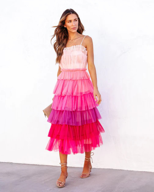 Bradshaw Monochromatic Tulle Tiered Midi Dress - Pink Multi | VICI