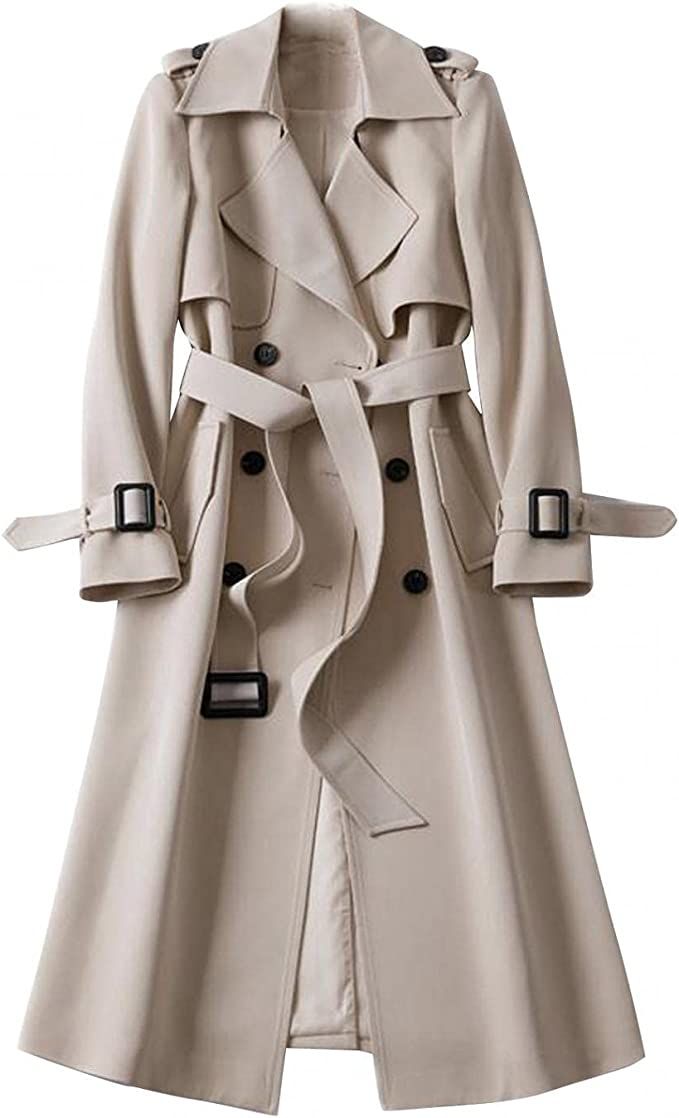 Lovor Women Basic Windbreaker Plus Size Belted Coat Overcoat Long Sleeve Trench Outwear Jacket Po... | Amazon (US)