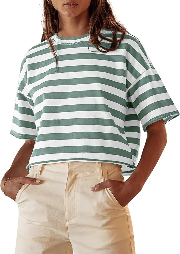 Cioatin Women Oversized Striped Colorblock Crop Tee Top Crew Neck Short Sleeve Loose Fit Aestheti... | Amazon (US)