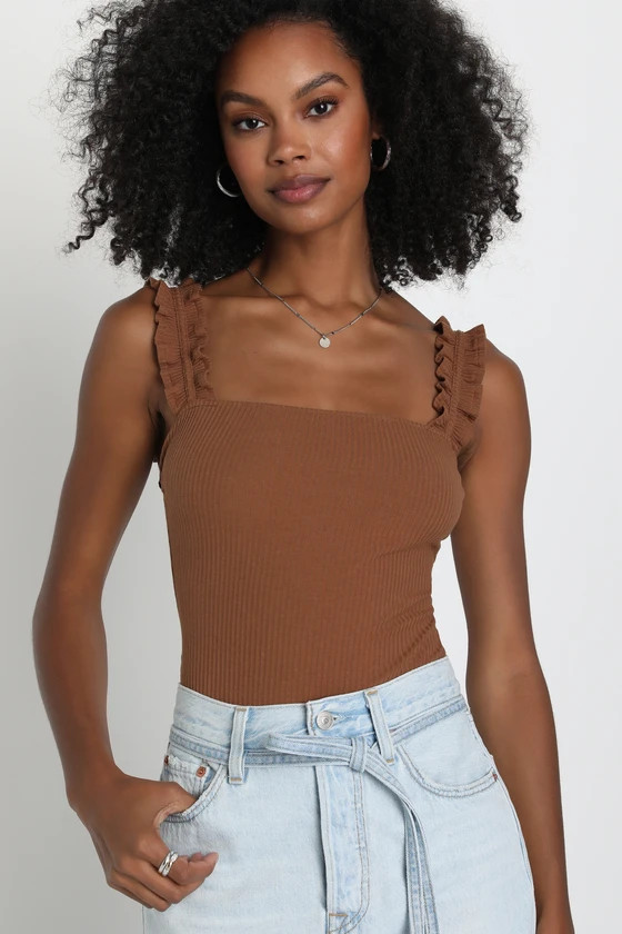 Musing About You Brown Ribbed Ruffle Strap Bodysuit | Lulus (US)