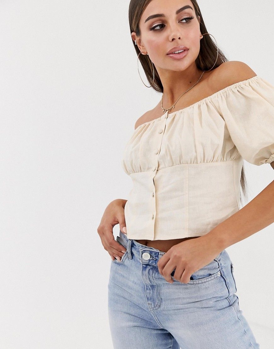 ASOS DESIGN off shoulder top with button detail in linen-Beige | ASOS (Global)