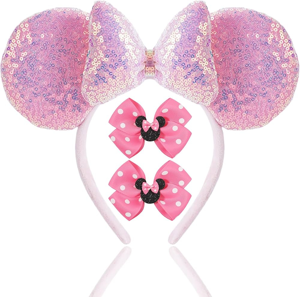 FACHPINT 1PCS Glitter Pink Ear, 2PCS Pink Mouse Ear Clip for Women Theme Parks Photo Props | Amazon (US)