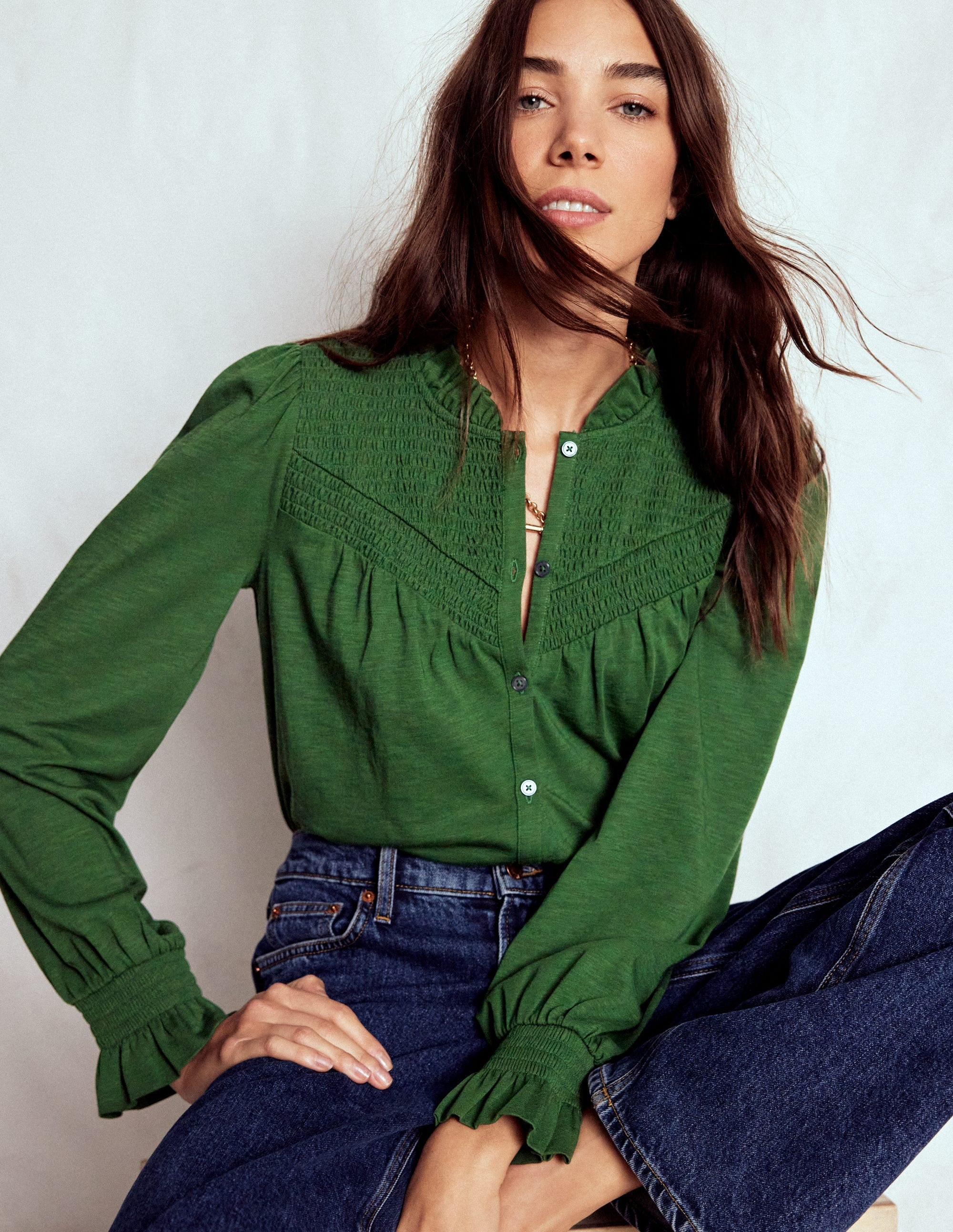 Smocked Yoke Jersey Shirt-Woodland Green | Boden (US)