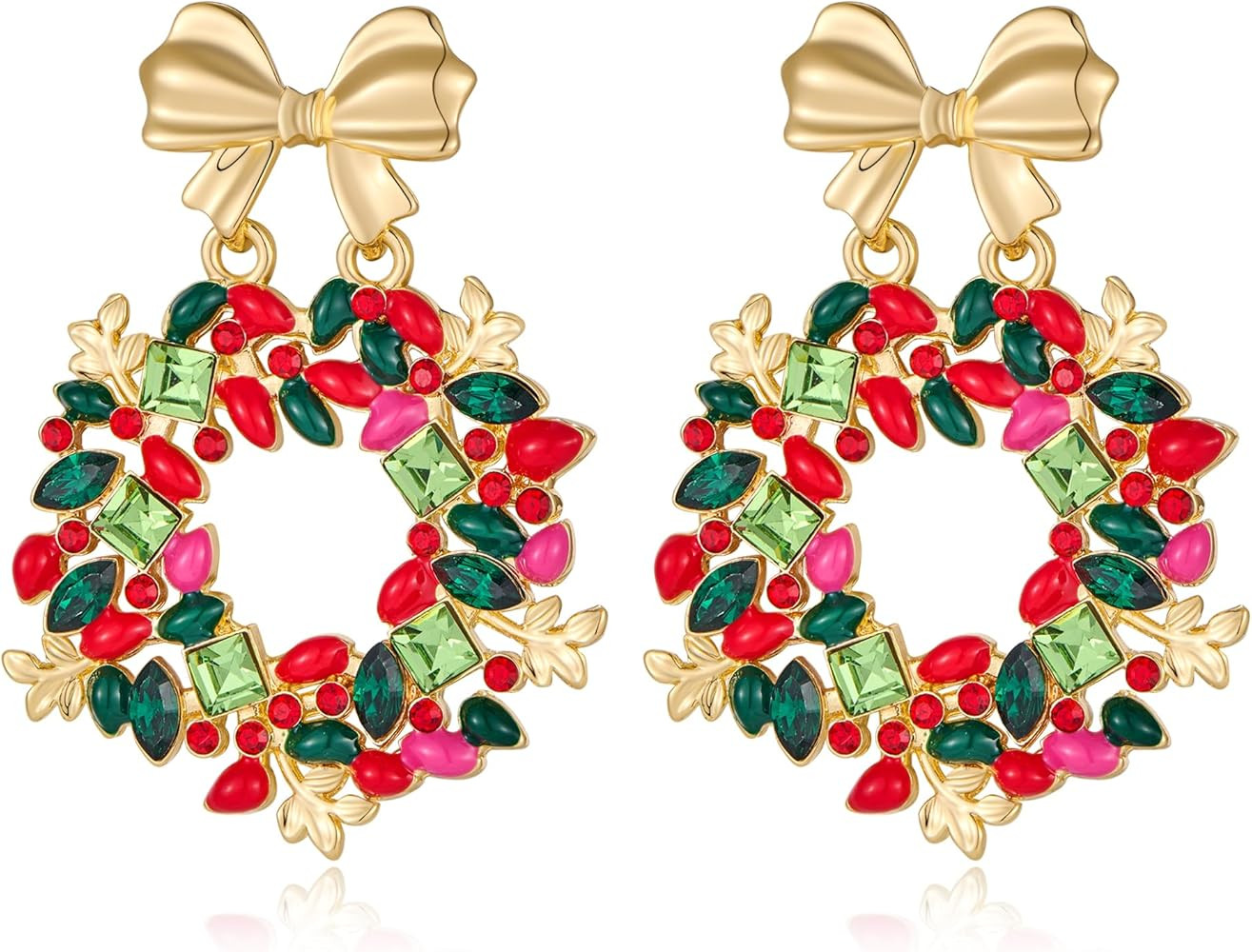 Christmas Wreath Earrings - Gold Metal Plated Colorful Bowknot Dangle Earrings Festive Holiday Je... | Amazon (US)