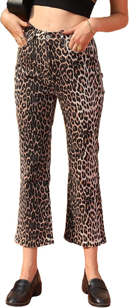 Women's Leopard Bell Bottom Jeans Cropped Mid Rise Stretchy Cheetah Print Flared Demin Pants | Amazon (US)