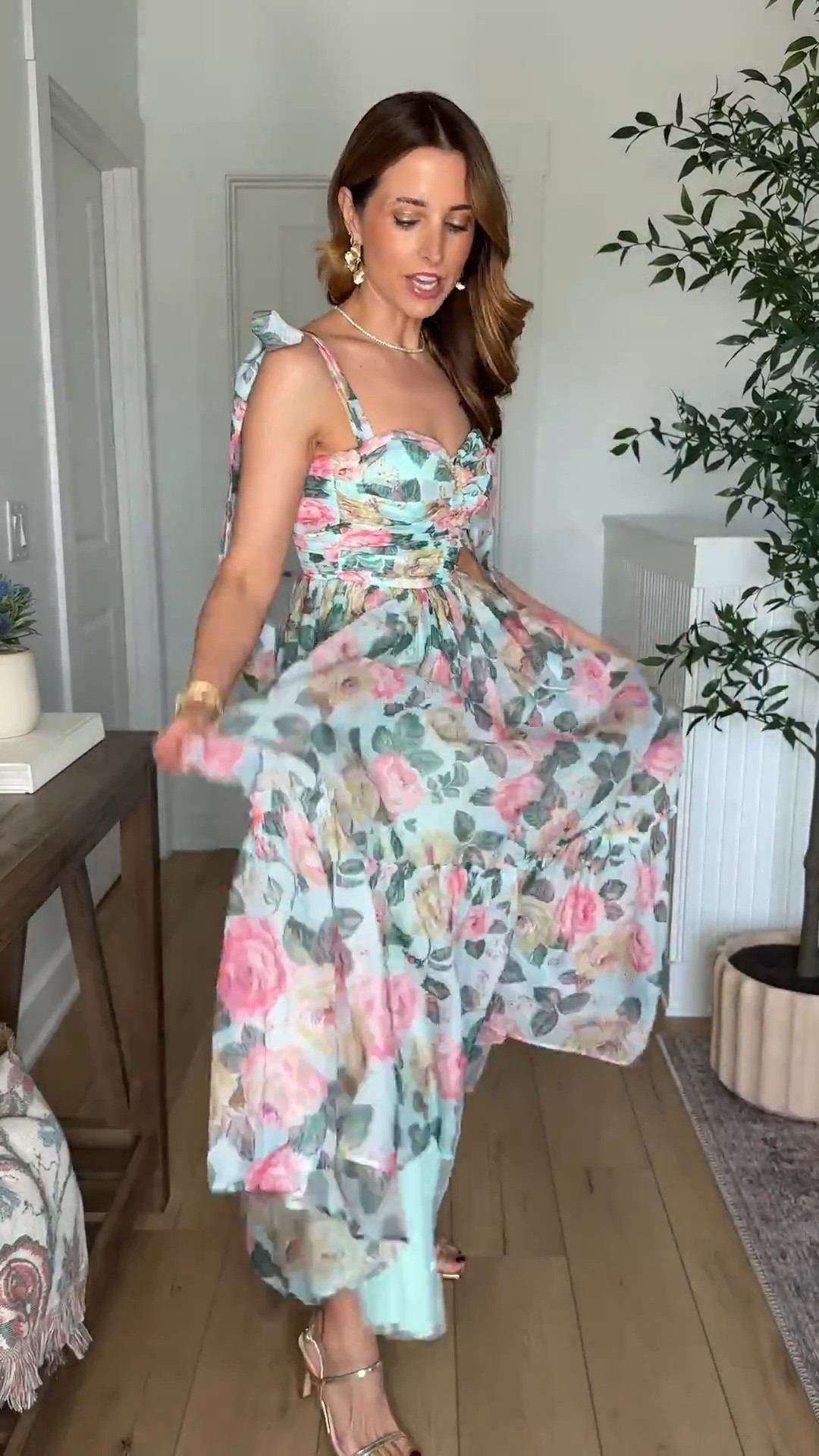 Spring wedding guest dresses. Summer wedding guest dresses. Baby shower dresses. Wedding shower dresses. Floral midi dress. Spring event dresses. Summer event dresses. Destination wedding. Wearing smallest size. Gold heels are TTS. 

#LTKTravel #LTKWedding #LTKPetite