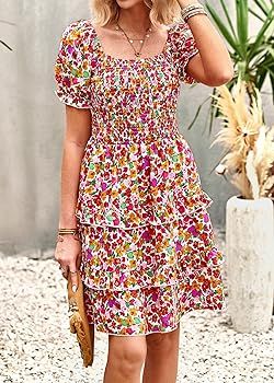 KIRUNDO 2023 Summer Women's Square Neck Smocked Floral Dress Boho Off Shoulder Tiered Ruffle Flow... | Amazon (US)