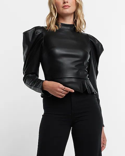 Faux Leather Mock Neck Puff Sleeve Peplum Top | Express