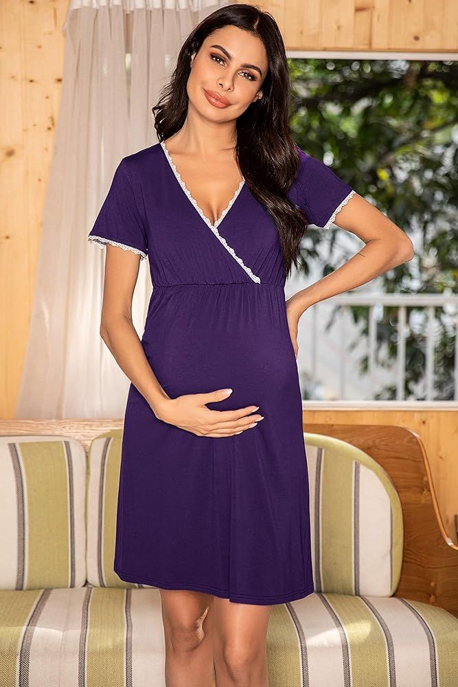 Ekouaer Women 3 in 1 Delivery/Labor/Maternity/Nursing Nightgown Short Sleeve Pleated Breastfeeding S | Amazon (US)