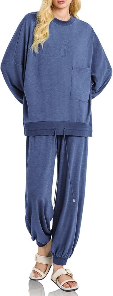 Fiosew Womens 2 Piece Outfit Oversized Pullover Tops Jogger Pants Loungewear Casual Tracksuit Set | Amazon (US)