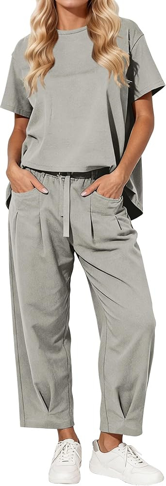 Eutten Women\u2019s 2 Piece Travel Lounge Sets Short Sleeve Shirt Top Wide Leg Barrel Pants Set C... | Amazon (US)