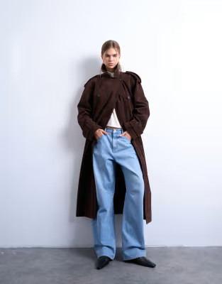 Topshop longline oversized faux suede trench coat in chocolate | ASOS (Global)