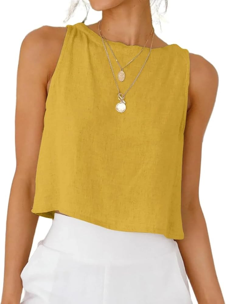 IDEALSANXUN Womens Linen Crop Tank Tops 2026 Spring Summer Beach Sleeveless Tops | Amazon (US)