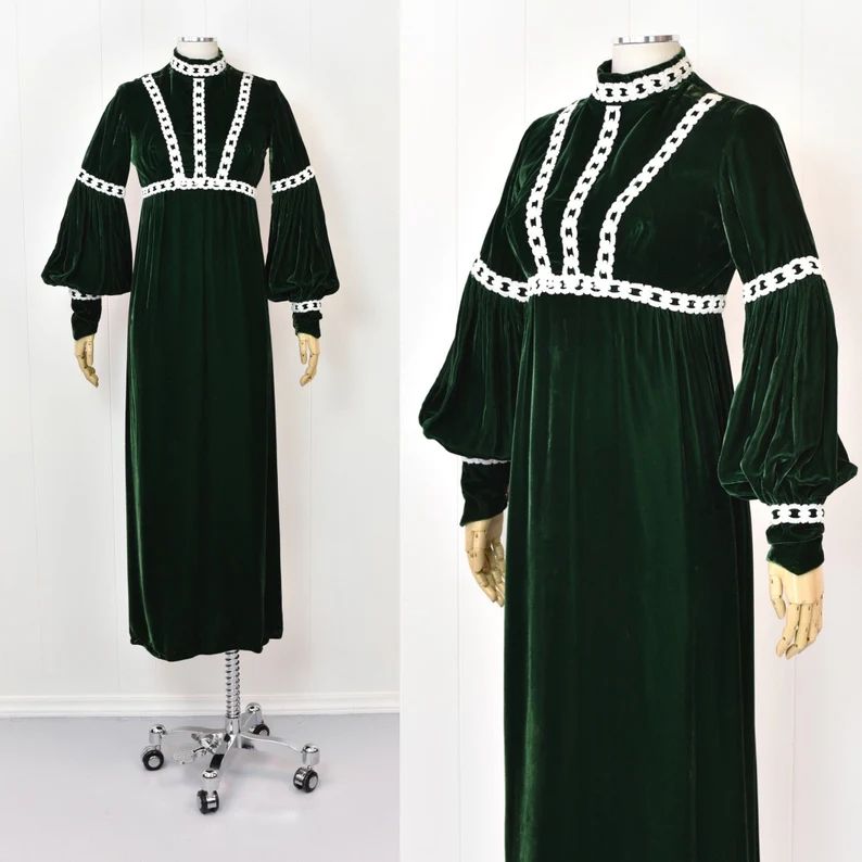 1960s Emerald Green Velvet Lace Renaissance Style Boho Gown Maxi Dress | Etsy (UK)