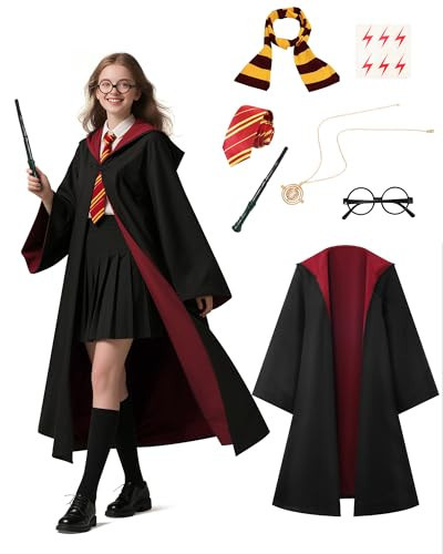 Asuaxy Halloween Wizard Cloak Hooded Robe Harry Costume for Women Men Witch Robe with Wizard Wand, Scarf, Glasses, Tie & Necklace Accessories Outfit Red | Amazon (US)