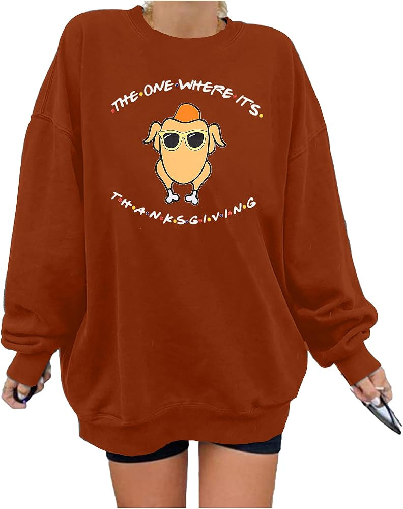 MNLYBABY Thanksgiving Sweatshirt Women Oversized Friends Thanksgiving Turkey Graphic Shirt Gratef... | Amazon (US)