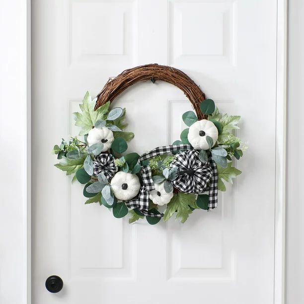 Way to Celebrate Harvest Black & White Fabric Pumpkin Asymmetric Wreath 22" | Walmart (US)